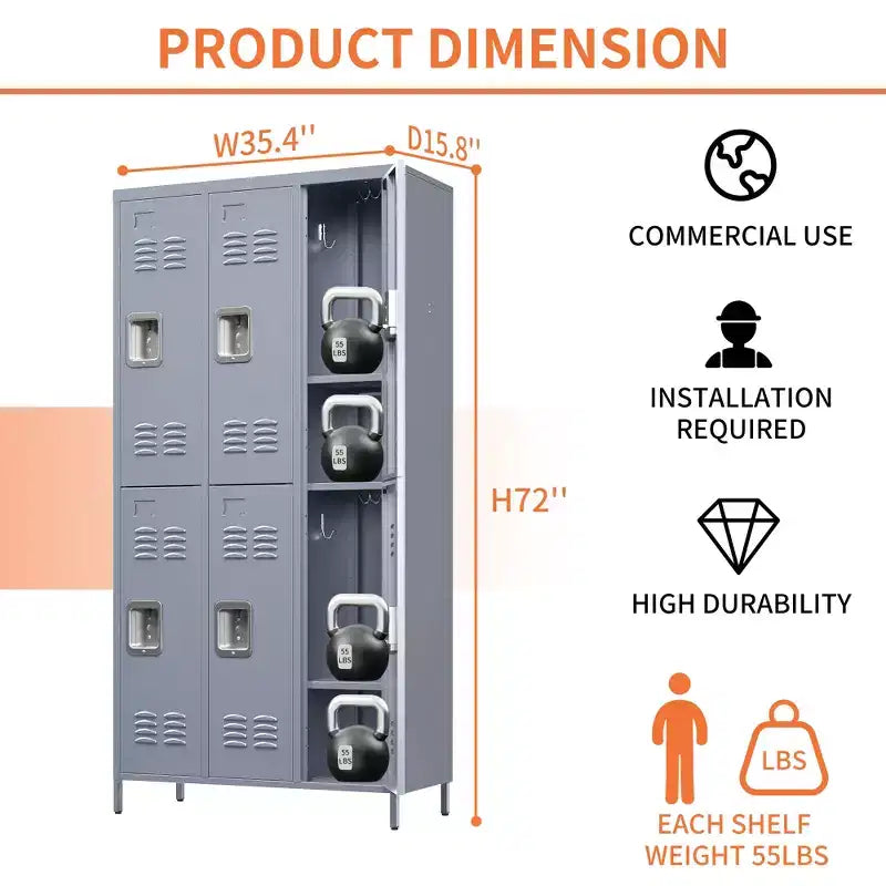 Casier métallique gris à 6 portes de 183 cm de haut avec serrure, cintres pour les employés, armoire de rangement