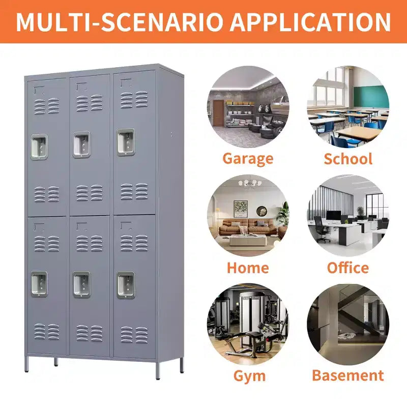 Casier métallique gris à 6 portes de 183 cm de haut avec serrure, cintres pour les employés, armoire de rangement