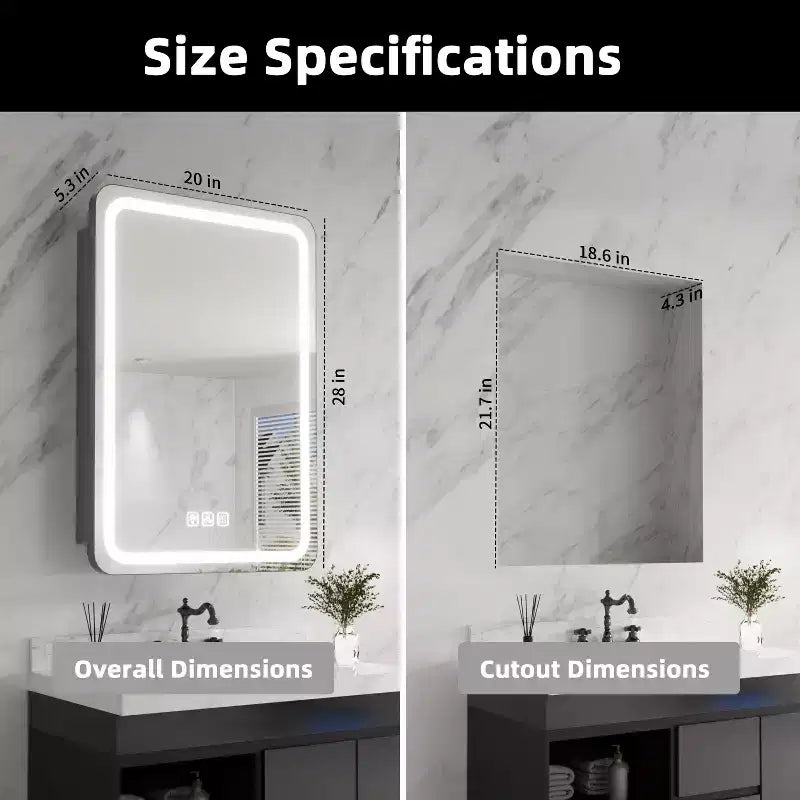 Armoire à pharmacie rectangulaire en fer 20" x 28" avec miroir, éclairage LED à intensité variable, anti-buée et prises – Entièrement assemblée