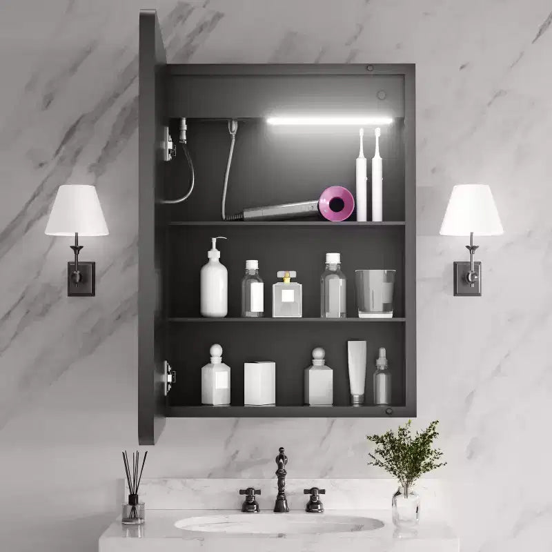 Armoire à pharmacie rectangulaire en fer 20" x 28" avec miroir, éclairage LED à intensité variable, anti-buée et prises – Entièrement assemblée