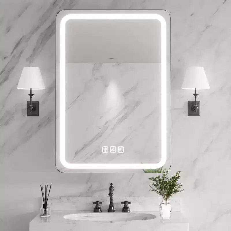 Armoire à pharmacie rectangulaire en fer 20" x 28" avec miroir, éclairage LED à intensité variable, anti-buée et prises – Entièrement assemblée