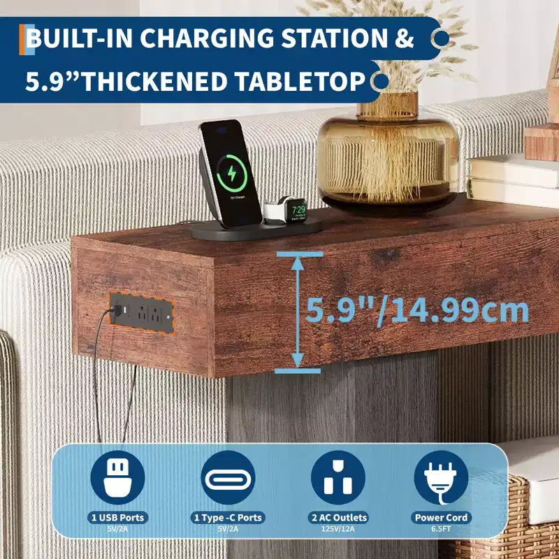 Console de ferme avec étagère de rangement et station de charge, table d'appoint de canapé étroite en bois à 2 niveaux de 160 cm pour entrée, couloir, salon