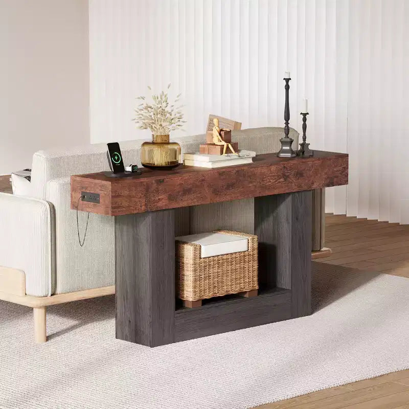 Console de ferme avec étagère de rangement et station de charge, table d'appoint de canapé étroite en bois à 2 niveaux de 160 cm pour entrée, couloir, salon