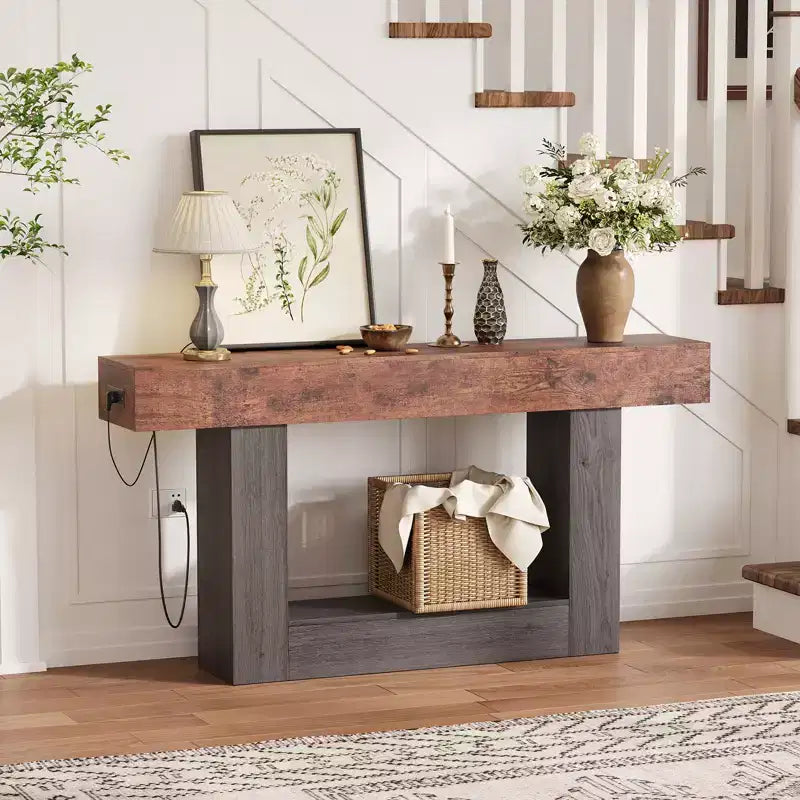 Console de ferme avec étagère de rangement et station de charge, table d'appoint de canapé étroite en bois à 2 niveaux de 160 cm pour entrée, couloir, salon