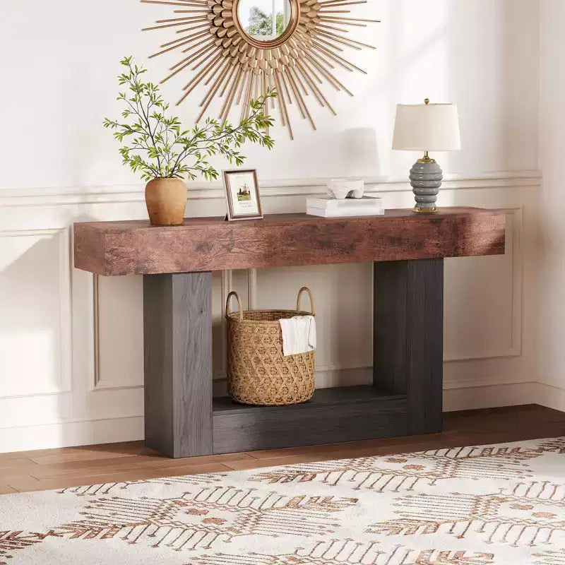 Console de ferme avec étagère de rangement et station de charge, table d'appoint de canapé étroite en bois à 2 niveaux de 160 cm pour entrée, couloir, salon