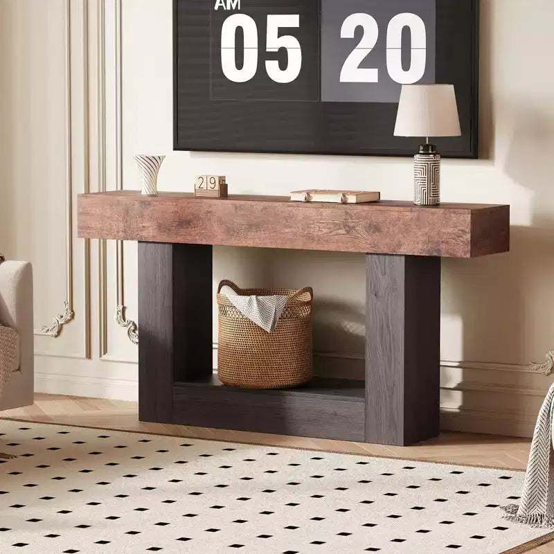 Console de ferme avec étagère de rangement et station de charge, table d'appoint de canapé étroite en bois à 2 niveaux de 160 cm pour entrée, couloir, salon