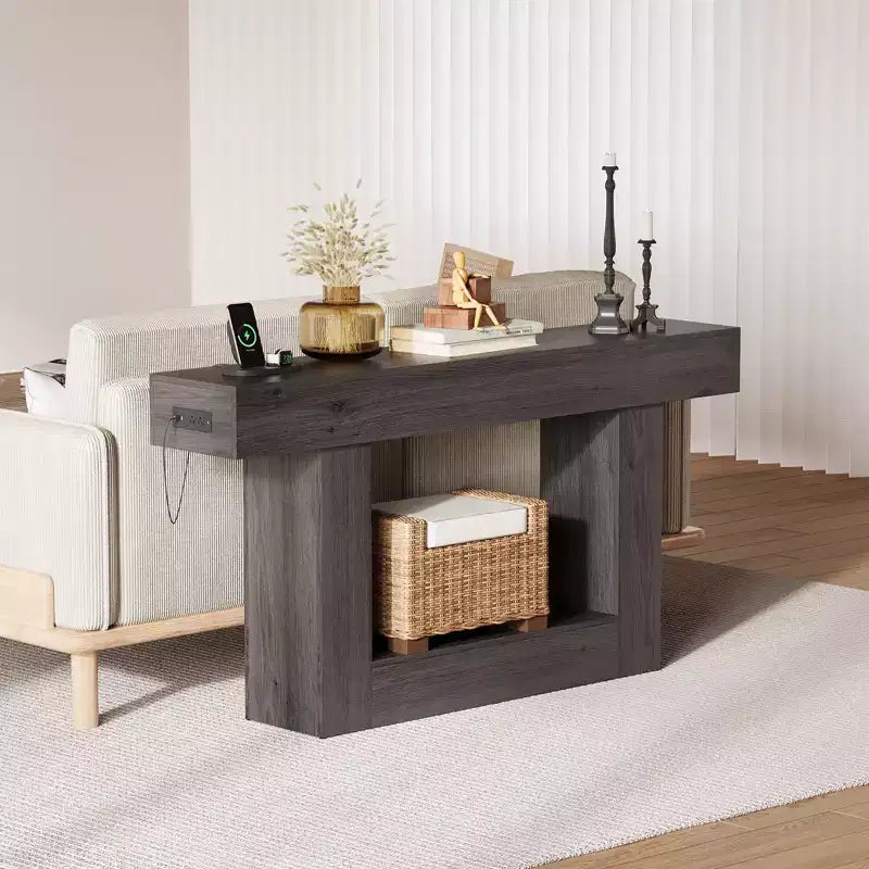 Console de ferme avec étagère de rangement et station de charge, table d'appoint de canapé étroite en bois à 2 niveaux de 160 cm pour entrée, couloir, salon