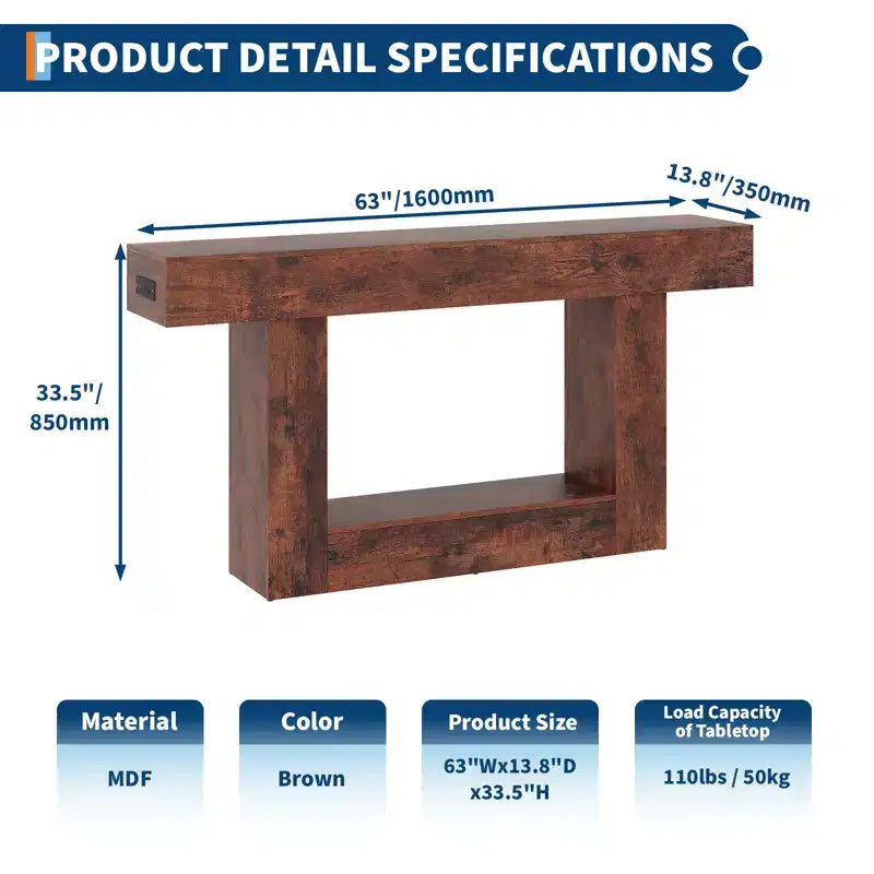 Console de ferme avec étagère de rangement et station de charge, table d'appoint de canapé étroite en bois à 2 niveaux de 160 cm pour entrée, couloir, salon
