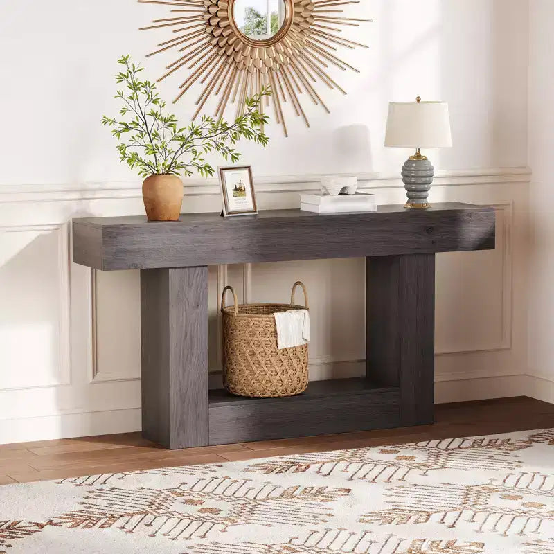 Console de ferme avec étagère de rangement et station de charge, table d'appoint de canapé étroite en bois à 2 niveaux de 160 cm pour entrée, couloir, salon