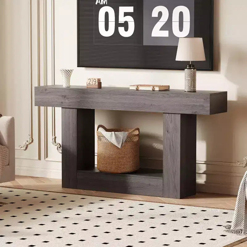 Console de ferme avec étagère de rangement et station de charge, table d'appoint de canapé étroite en bois à 2 niveaux de 160 cm pour entrée, couloir, salon