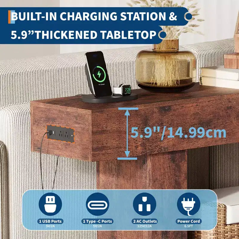 Console de ferme avec étagère de rangement et station de charge, table d'appoint de canapé étroite en bois à 2 niveaux de 160 cm pour entrée, couloir, salon