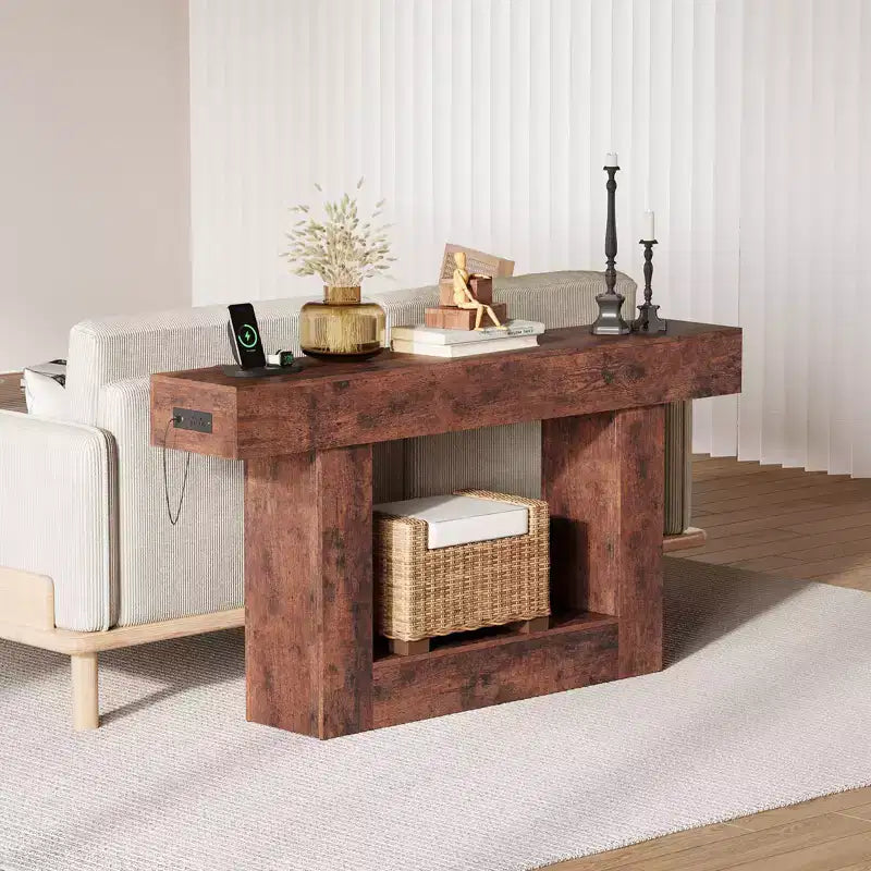 Console de ferme avec étagère de rangement et station de charge, table d'appoint de canapé étroite en bois à 2 niveaux de 160 cm pour entrée, couloir, salon