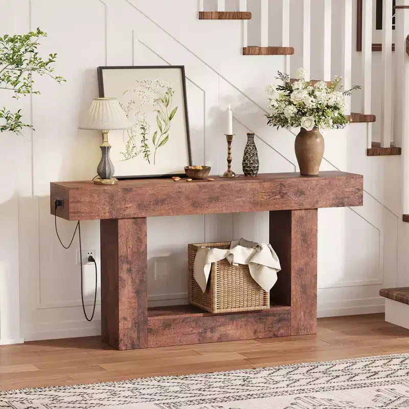 Console de ferme avec étagère de rangement et station de charge, table d'appoint de canapé étroite en bois à 2 niveaux de 160 cm pour entrée, couloir, salon