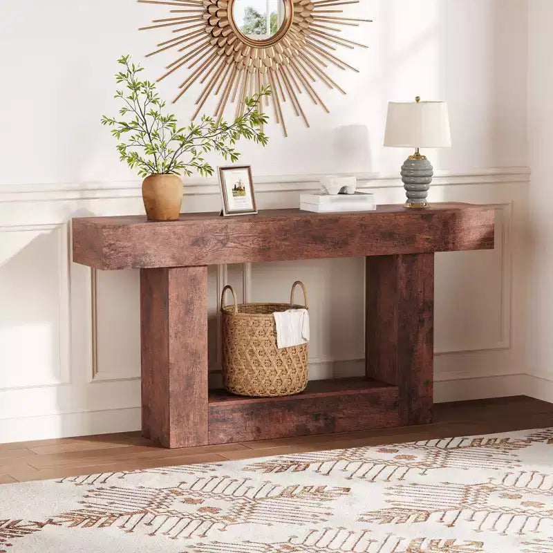 Console de ferme avec étagère de rangement et station de charge, table d'appoint de canapé étroite en bois à 2 niveaux de 160 cm pour entrée, couloir, salon