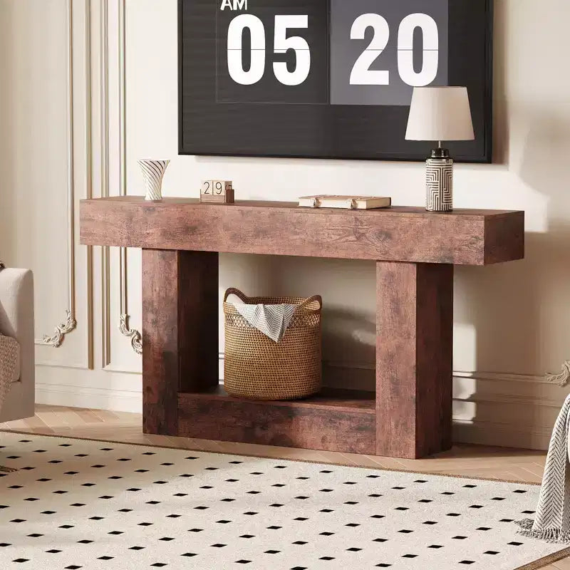 Console de ferme avec étagère de rangement et station de charge, table d'appoint de canapé étroite en bois à 2 niveaux de 160 cm pour entrée, couloir, salon