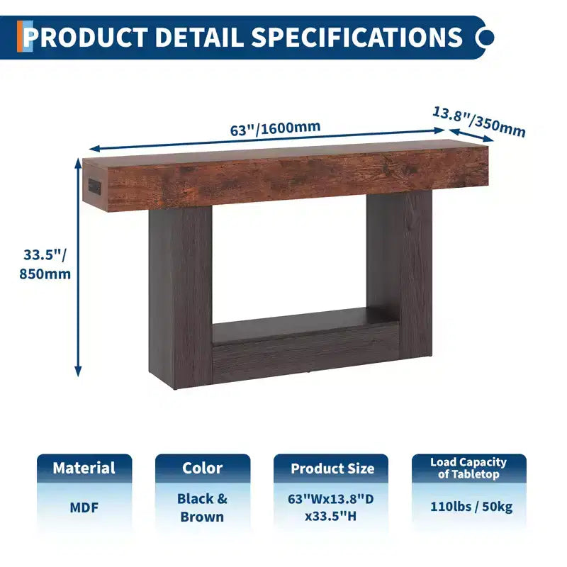 Console de ferme avec étagère de rangement et station de charge, table d'appoint de canapé étroite en bois à 2 niveaux de 160 cm pour entrée, couloir, salon