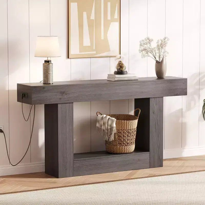 Console de ferme avec étagère de rangement et station de charge, table d'appoint de canapé étroite en bois à 2 niveaux de 160 cm pour entrée, couloir, salon