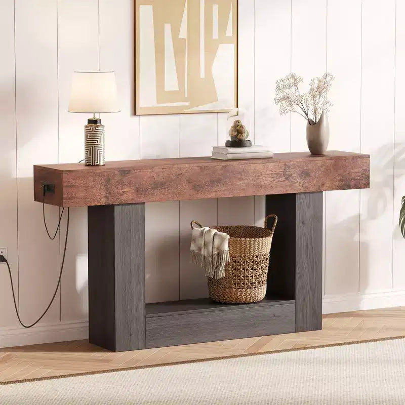 Console de ferme avec étagère de rangement et station de charge, table d'appoint de canapé étroite en bois à 2 niveaux de 160 cm pour entrée, couloir, salon