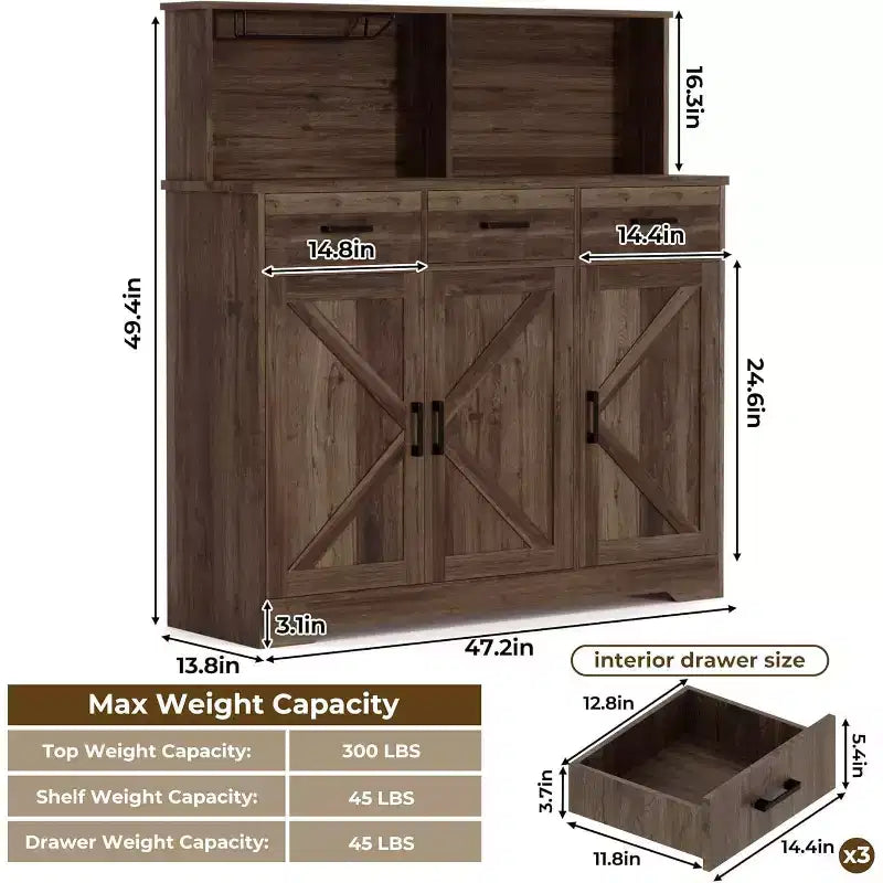 Meuble de rangement pour entrée de ferme, étagères réglables, 3 tiroirs, construction en bois robuste pour cuisine, salle à manger