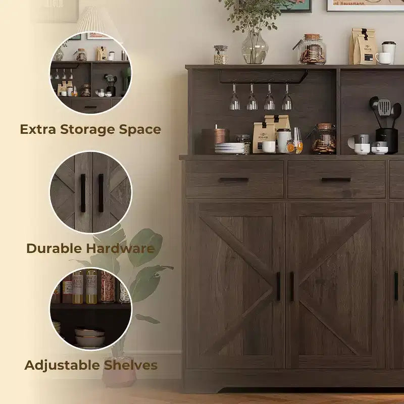 Meuble de rangement pour entrée de ferme, étagères réglables, 3 tiroirs, construction en bois robuste pour cuisine, salle à manger