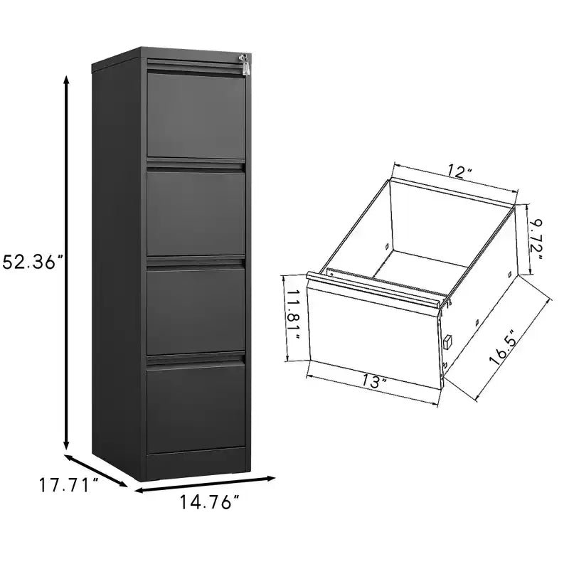 Classeur vertical 4 tiroirs avec serrure, Armoire de rangement métallique verrouillable