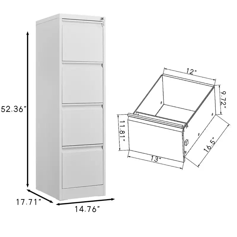 Classeur vertical 4 tiroirs avec serrure, Armoire de rangement métallique verrouillable