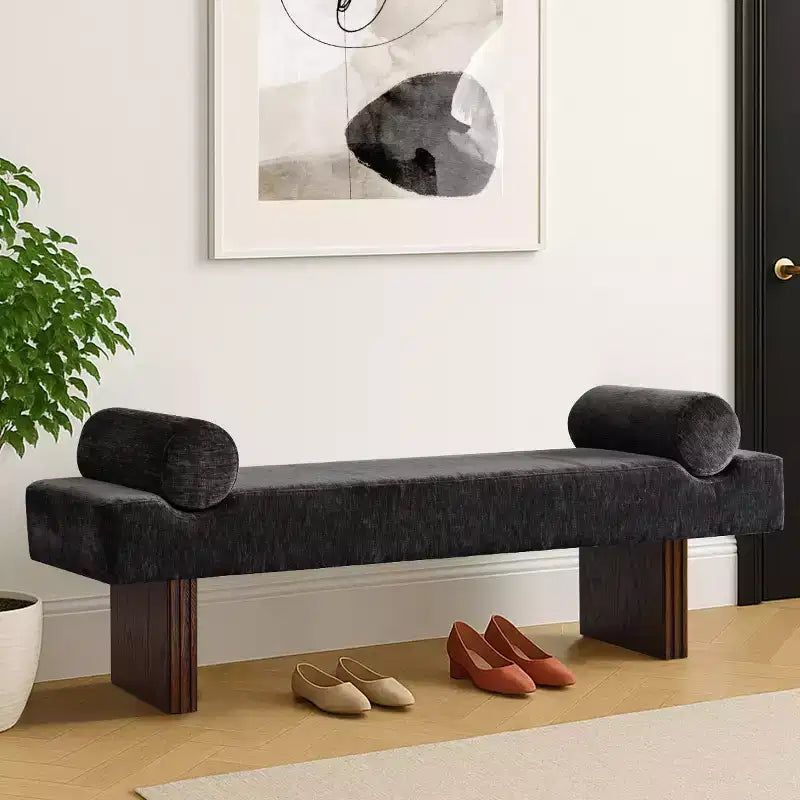 Banc moderne en chenille rembourré de 152 cm avec coussins décoratifs, banc d'entrée avec siège rembourré, banc de bout de lit pour chambre ou salon
