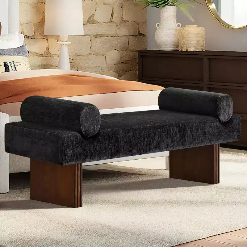 Banc moderne en chenille rembourré de 152 cm avec coussins décoratifs, banc d'entrée avec siège rembourré, banc de bout de lit pour chambre ou salon
