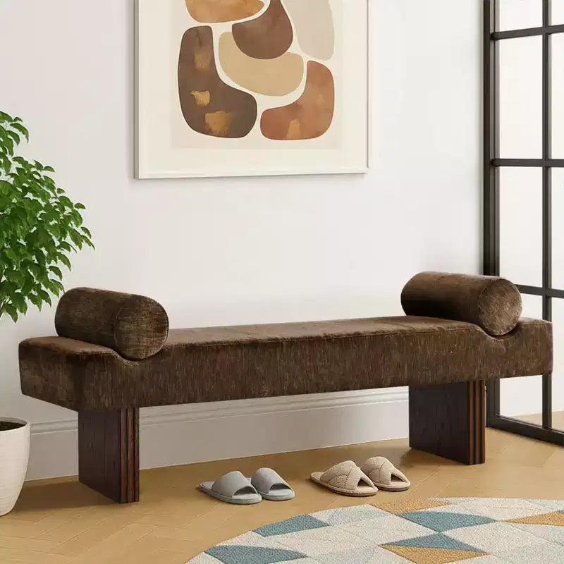 Banc moderne en chenille rembourré de 152 cm avec coussins décoratifs, banc d'entrée avec siège rembourré, banc de bout de lit pour chambre ou salon