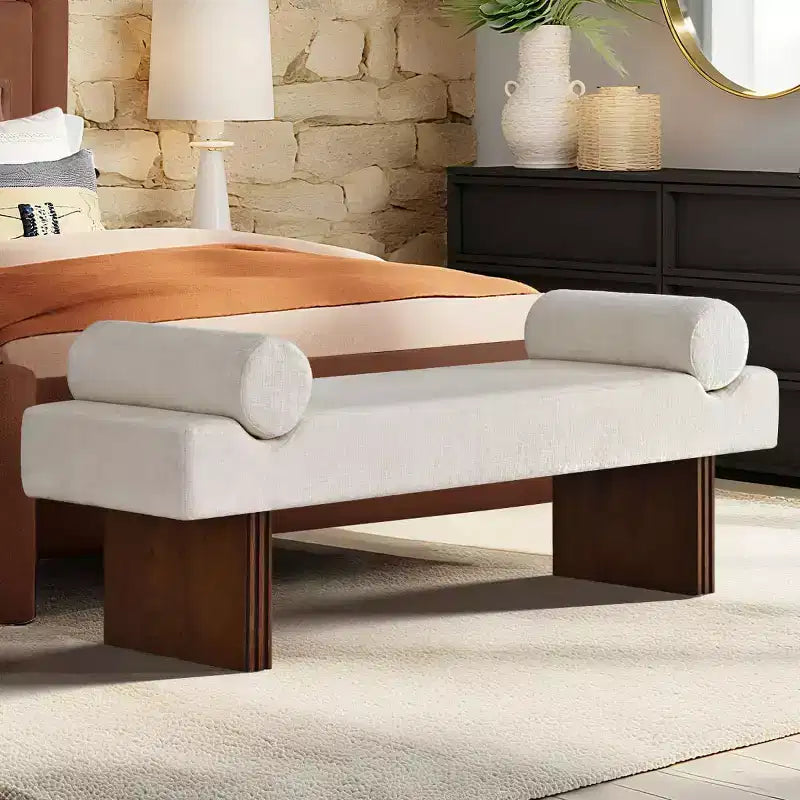 Banc moderne en chenille rembourré de 152 cm avec coussins décoratifs, banc d'entrée avec siège rembourré, banc de bout de lit pour chambre ou salon