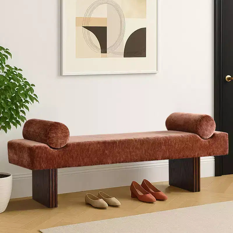 Banc moderne en chenille rembourré de 152 cm avec coussins décoratifs, banc d'entrée avec siège rembourré, banc de bout de lit pour chambre ou salon