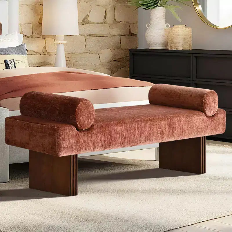 Banc moderne en chenille rembourré de 152 cm avec coussins décoratifs, banc d'entrée avec siège rembourré, banc de bout de lit pour chambre ou salon