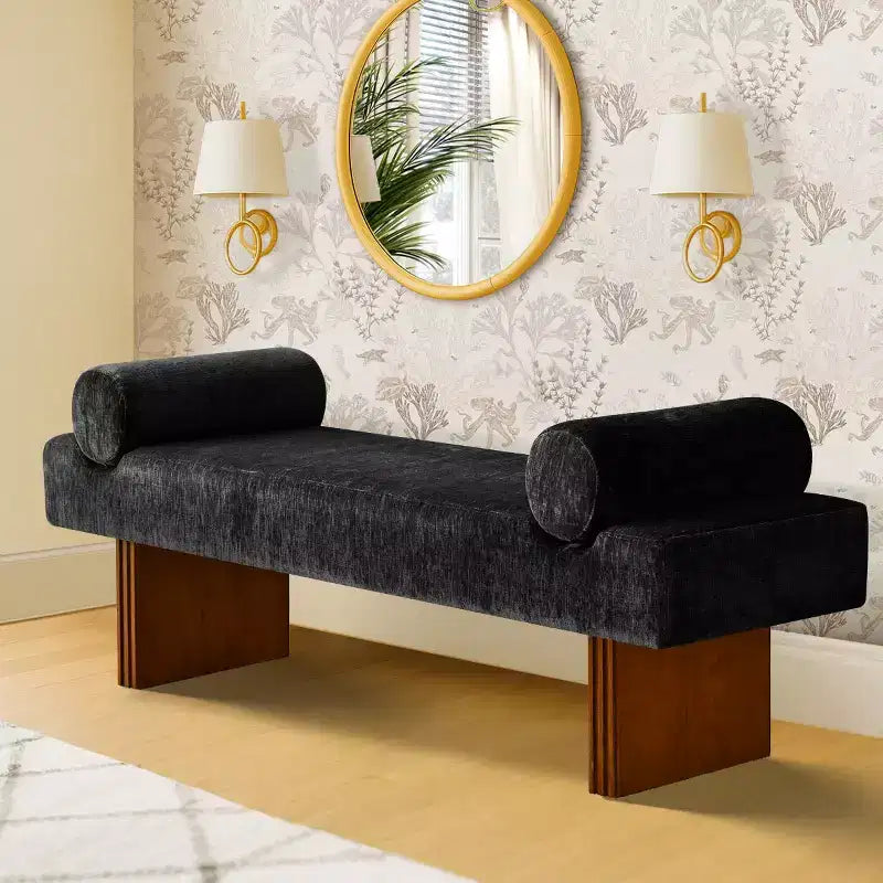 Banc moderne en chenille rembourré de 152 cm avec coussins décoratifs, banc d'entrée avec siège rembourré, banc de bout de lit pour chambre ou salon