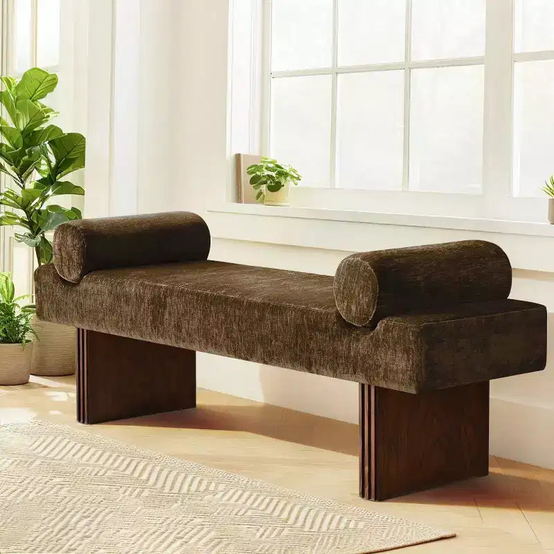Banc moderne en chenille rembourré de 152 cm avec coussins décoratifs, banc d'entrée avec siège rembourré, banc de bout de lit pour chambre ou salon