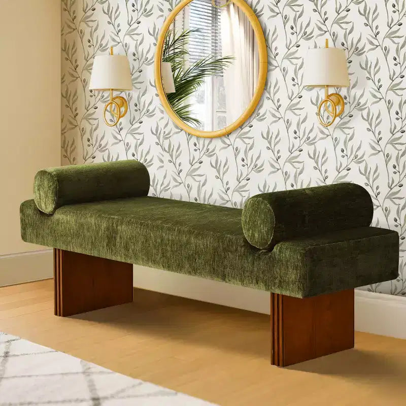 Banc moderne en chenille rembourré de 152 cm avec coussins décoratifs, banc d'entrée avec siège rembourré, banc de bout de lit pour chambre ou salon