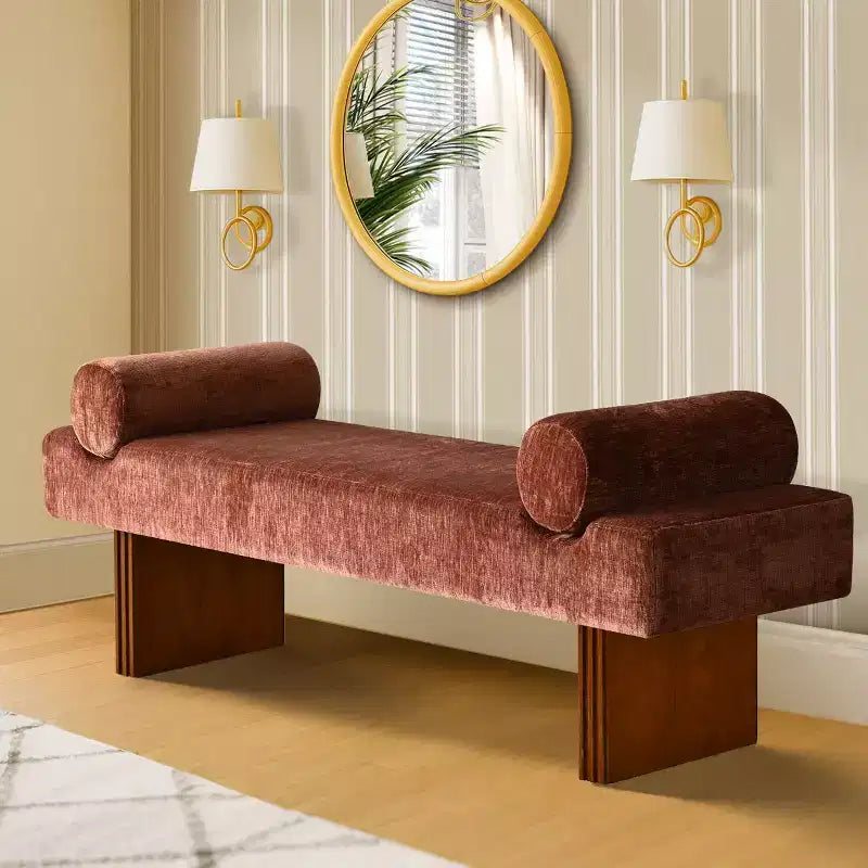 Banc moderne en chenille rembourré de 152 cm avec coussins décoratifs, banc d'entrée avec siège rembourré, banc de bout de lit pour chambre ou salon