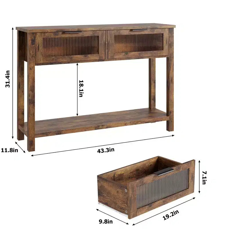 Console de canapé étroite à 2 niveaux Farmhouse. Table de rangement étroite avec tiroirs à façade vitrée et étagère ouverte pour entrée. Salon. Couloir.