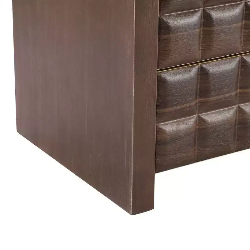 Table de chevet moderne incurvée avec panneau à relief géométrique, table de chevet à 2 tiroirs entièrement assemblée avec étagère ouverte, noyer
