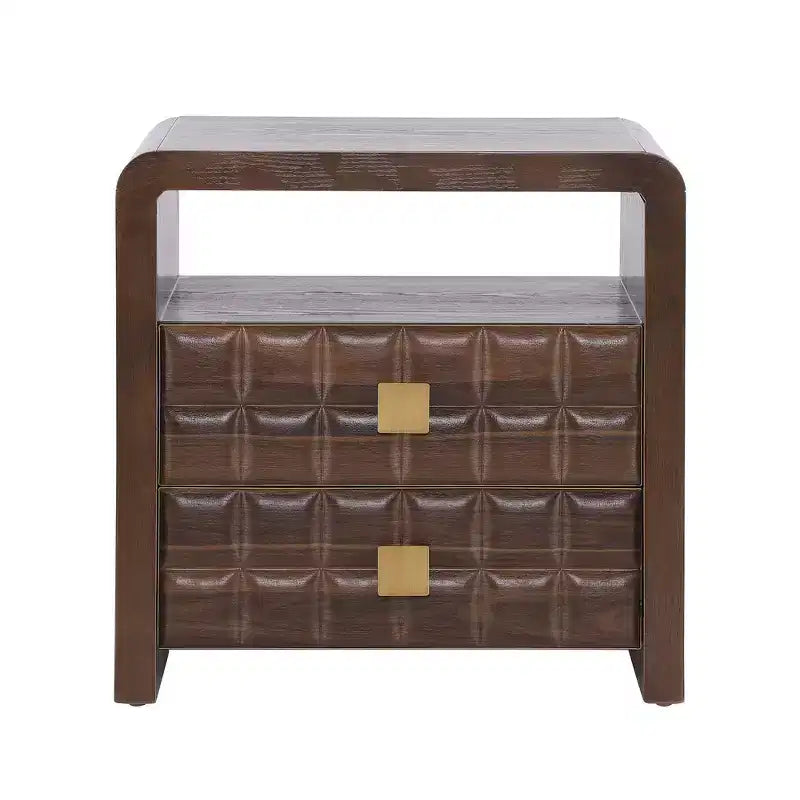 Table de chevet moderne incurvée avec panneau à relief géométrique, table de chevet à 2 tiroirs entièrement assemblée avec étagère ouverte, noyer