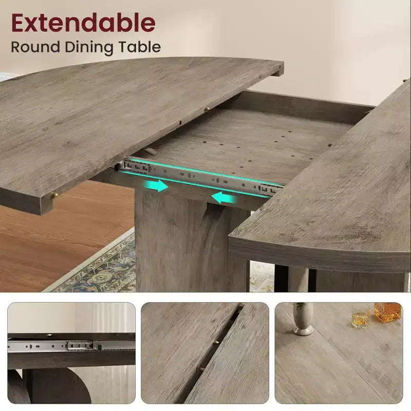 Table à manger ronde extensible 47-63 pouces de style ferme, table de cuisine extensible en bois avec support métallique pour pieds plus larges, idéale pour 4 à 8 personnes dans des appartements compacts