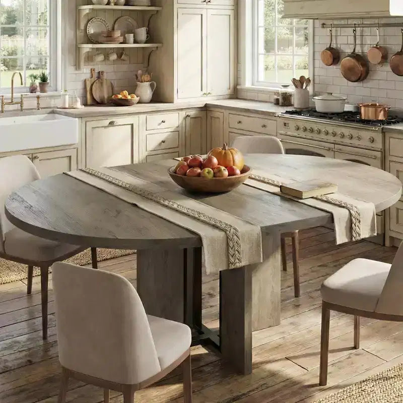 Table à manger ronde extensible 47-63 pouces de style ferme, table de cuisine extensible en bois avec support métallique pour pieds plus larges, idéale pour 4 à 8 personnes dans des appartements compacts