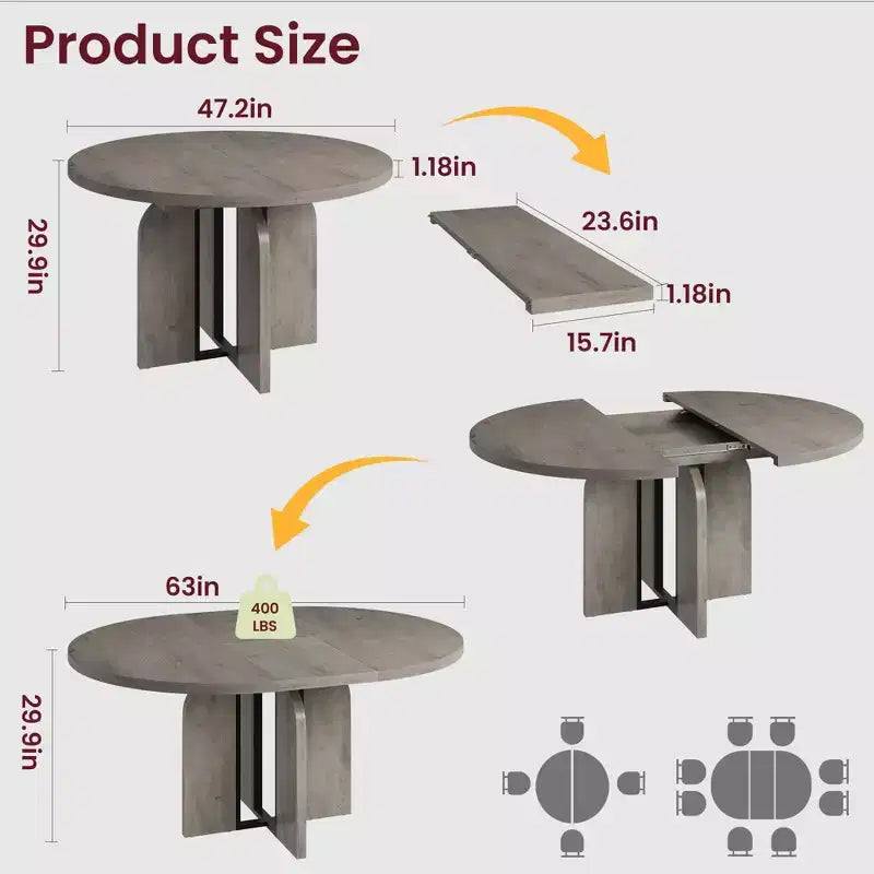 Table à manger ronde extensible 47-63 pouces de style ferme, table de cuisine extensible en bois avec support métallique pour pieds plus larges, idéale pour 4 à 8 personnes dans des appartements compacts