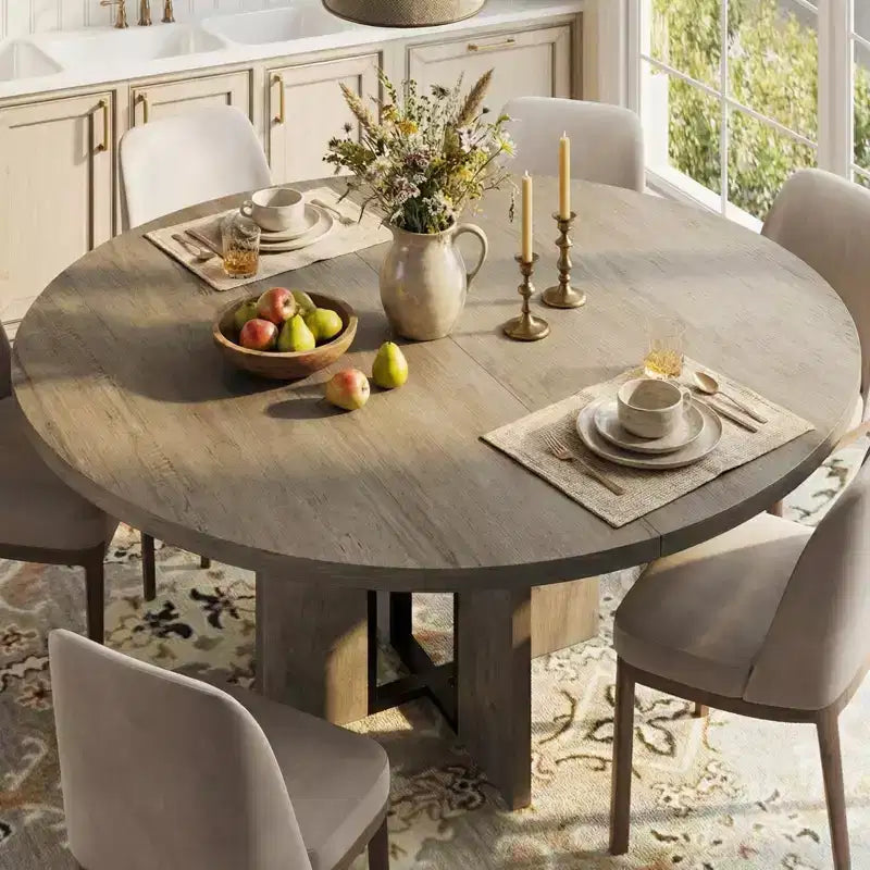 Table à manger ronde extensible 47-63 pouces de style ferme, table de cuisine extensible en bois avec support métallique pour pieds plus larges, idéale pour 4 à 8 personnes dans des appartements compacts