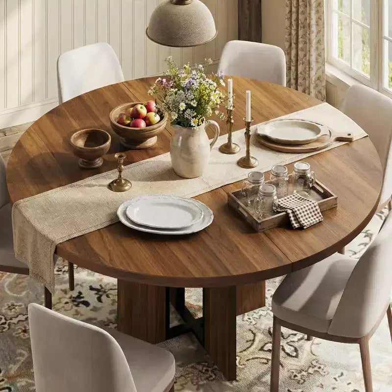 Table à manger ronde extensible 47-63 pouces de style ferme, table de cuisine extensible en bois avec support métallique pour pieds plus larges, idéale pour 4 à 8 personnes dans des appartements compacts