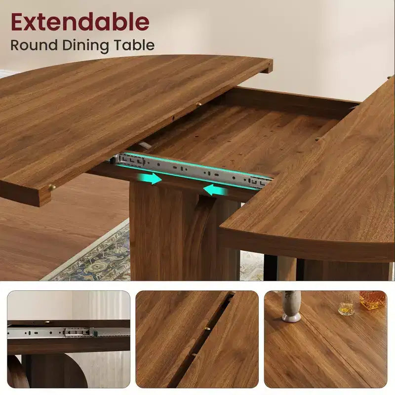 Table à manger ronde extensible 47-63 pouces de style ferme, table de cuisine extensible en bois avec support métallique pour pieds plus larges, idéale pour 4 à 8 personnes dans des appartements compacts