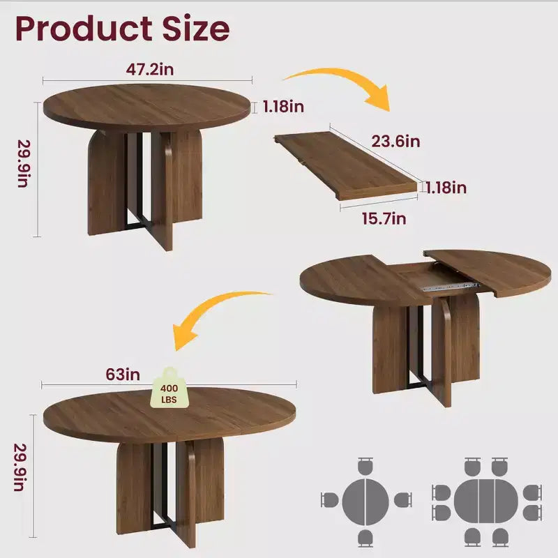 Table à manger ronde extensible 47-63 pouces de style ferme, table de cuisine extensible en bois avec support métallique pour pieds plus larges, idéale pour 4 à 8 personnes dans des appartements compacts