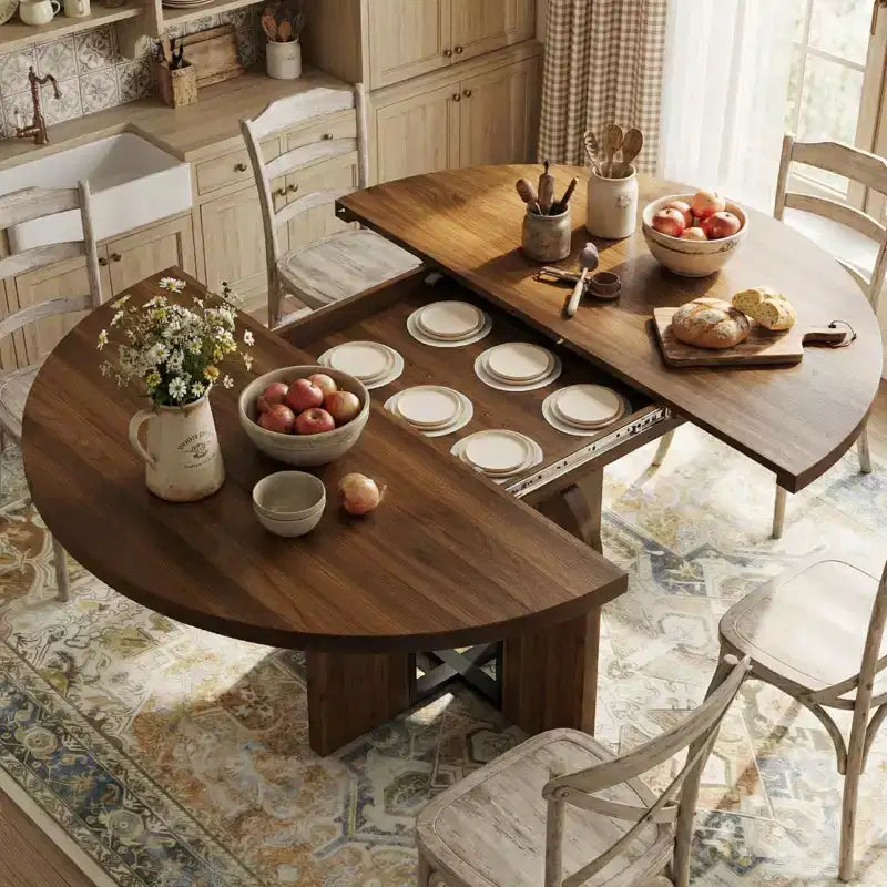 Table à manger ronde extensible 47-63 pouces de style ferme, table de cuisine extensible en bois avec support métallique pour pieds plus larges, idéale pour 4 à 8 personnes dans des appartements compacts
