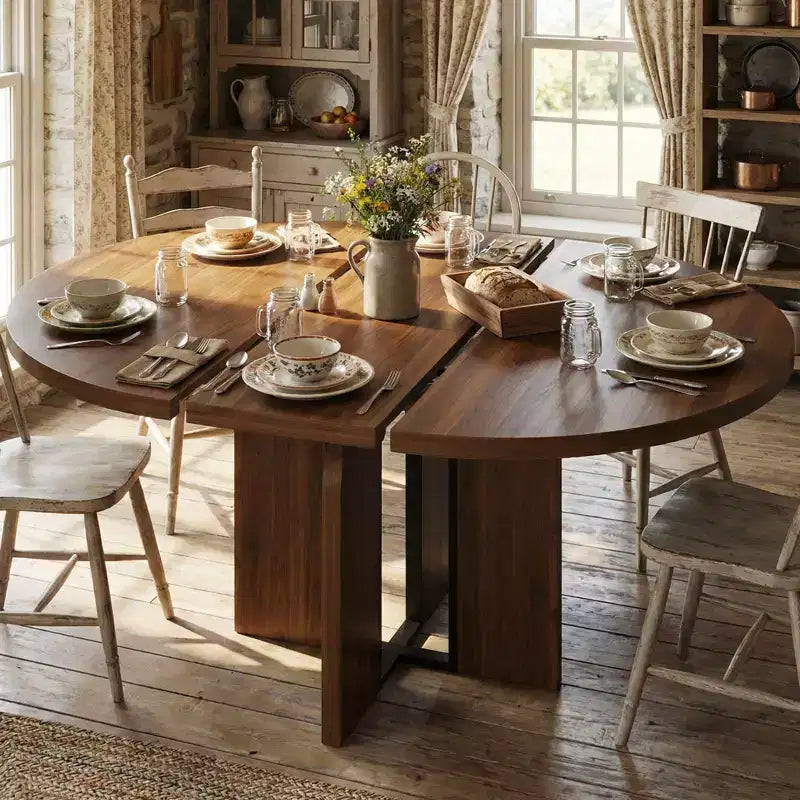 Table à manger ronde extensible 47-63 pouces de style ferme, table de cuisine extensible en bois avec support métallique pour pieds plus larges, idéale pour 4 à 8 personnes dans des appartements compacts