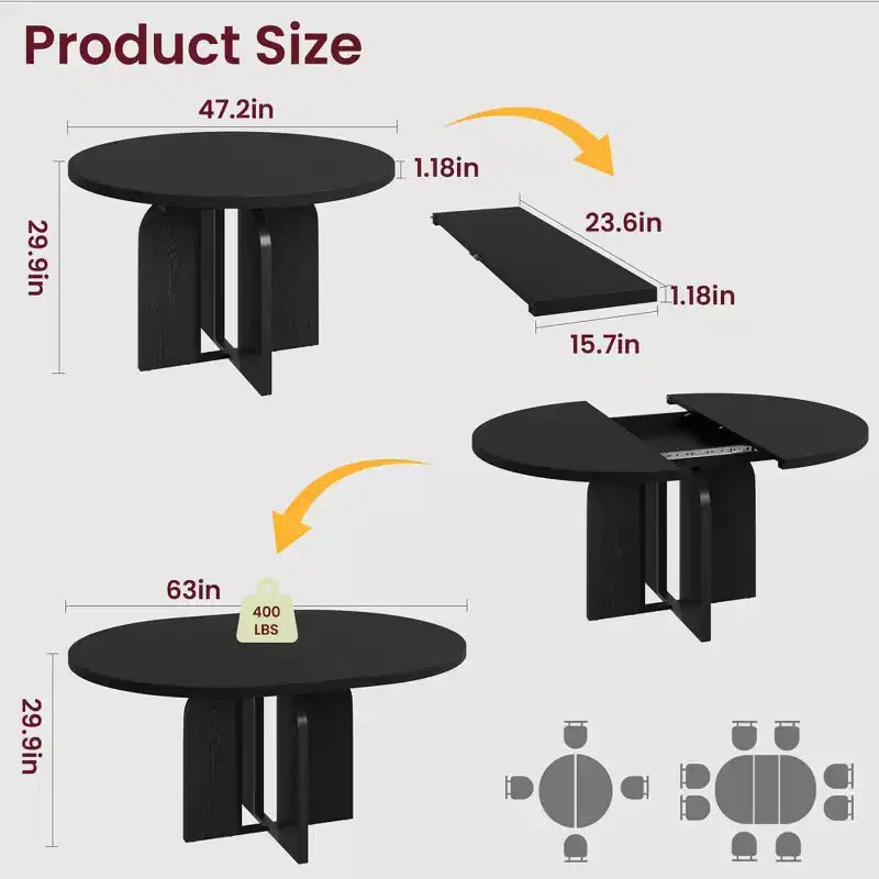 Table à manger ronde extensible 47-63 pouces de style ferme, table de cuisine extensible en bois avec support métallique pour pieds plus larges, idéale pour 4 à 8 personnes dans des appartements compacts