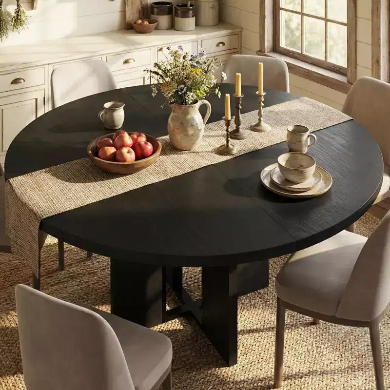 Table à manger ronde extensible 47-63 pouces de style ferme, table de cuisine extensible en bois avec support métallique pour pieds plus larges, idéale pour 4 à 8 personnes dans des appartements compacts